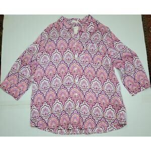 Chico's Blouse No Iron Linen 3/4 Sleeve Boho Button Down Pink Paisley Sze 2 US L